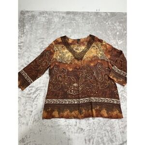 Molly Maxi Blouse Tunic Women's Size Large Rust Brown 3/4 Sleeve V-Neck Boho EUC